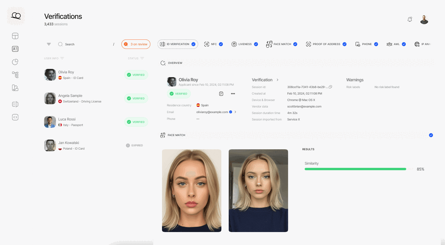 Didit Business Console Biometric Authentication workflow editor showing configurable liveness and face match thresholds.