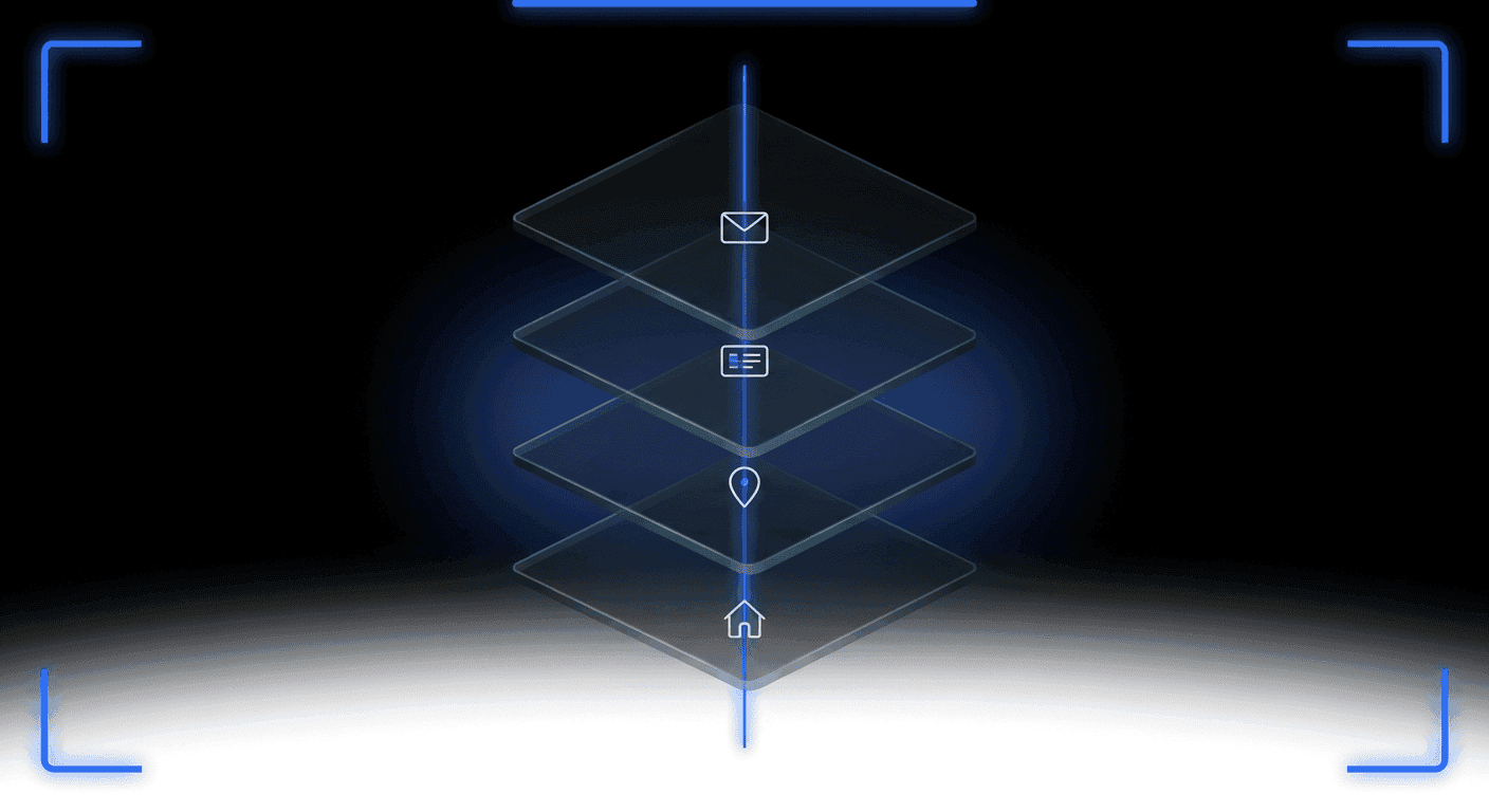 A cinematic dark abstract Proof of Address illustration — four floating translucent glass panels on pure black threaded by a luminous Didit Blue line. Each panel carries a small abstract motif (envelope, utility bill, map pin, house silhouette).