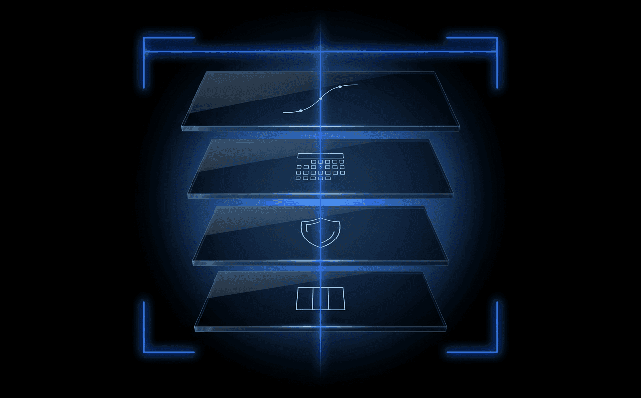 Dark cinematic age-verification compliance stack — four floating translucent glass panels in 3D perspective on pure black, threaded by a luminous Didit Blue line and framed by glowing scanner brackets. Each panel carries a small pale-white motif representing age curves, calendars, the UK Ofcom shield, and the French tricolore.