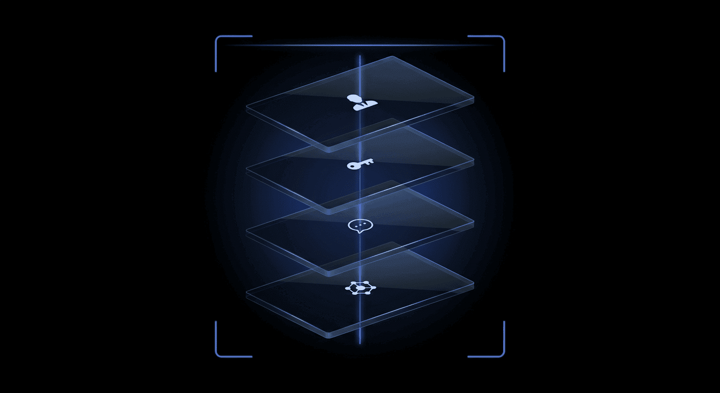 A cinematic dark abstract illustration of agent-installable identity skills — four floating translucent glass panels in 3D perspective on pure black, threaded by a luminous Didit Blue line, each panel marked with a tiny pale-white skill icon (terminal prompt, scan, key, branching diff). Framed by four glowing scanner brackets.