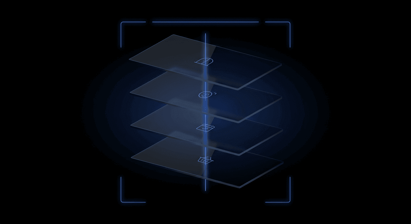 A cinematic dark abstract autonomous-store entry illustration — four floating translucent glass panels in 3D perspective on pure black, threaded by a luminous Didit Blue line and framed by four glowing scanner brackets. Each panel carries a tiny pale-white abstract motif representing autonomous-retail entry (door arch, face oval with bracket, age-gate calendar, shopping basket).