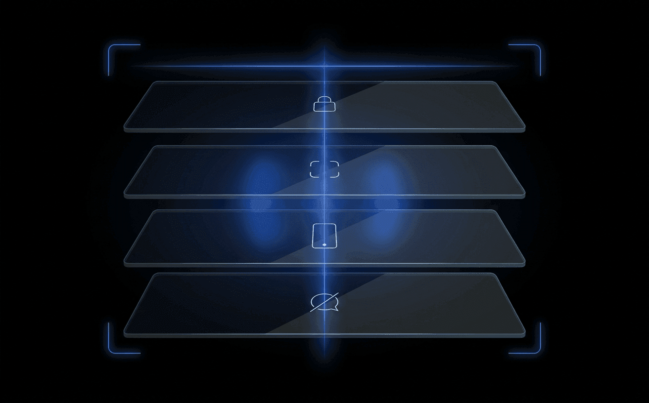 Dark cinematic Biometric 2FA stack — four floating translucent glass panels in 3D perspective on pure black, threaded by a luminous Didit Blue line and framed by glowing scanner brackets. Each panel carries a small pale-white motif representing a padlock, a face-match oval pair, a mobile device, and a crossed-out SMS bubble.