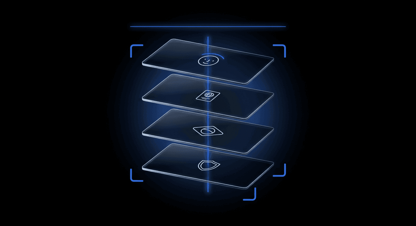 A cinematic dark abstract Brazil-child-protection stack illustration — four floating translucent glass panels in 3D perspective on pure black, threaded by a luminous Didit Blue line and framed by four glowing scanner brackets. Each panel carries a small pale-white abstract motif (face oval with age arc, passport rectangle, Brazil-flag geometric silhouette, shield).