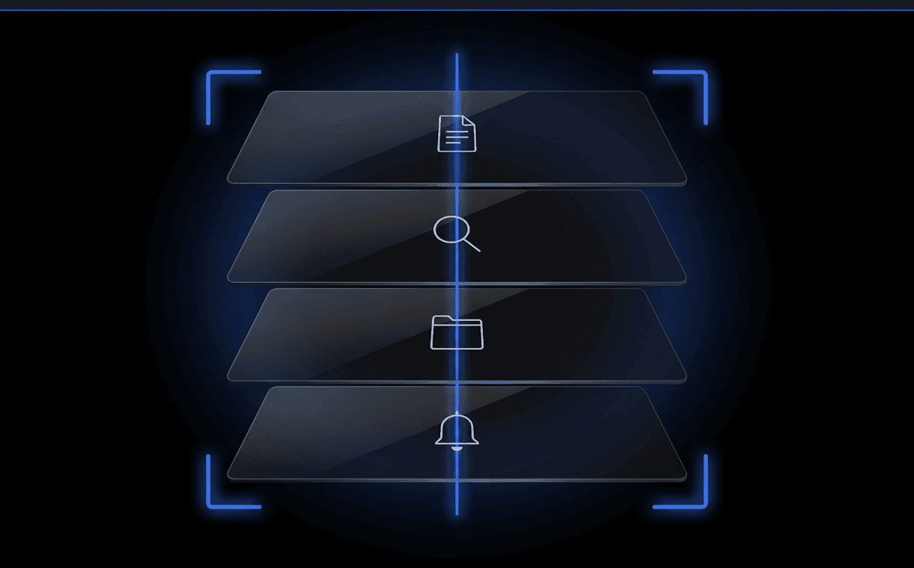 A cinematic dark abstract compliance illustration — four floating translucent dark-glass panels in 3D perspective on a pure black canvas, threaded by a luminous Didit Blue vertical line and framed by four glowing scanner brackets. Each panel carries a tiny pale-white abstract motif (document silhouette, magnifying glass, case folder, alert bell) representing Suspicious Activity Report case management.