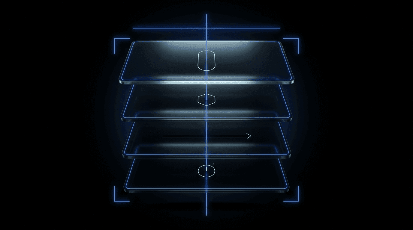 A cinematic dark abstract on-ramp-stack illustration — four floating translucent glass panels in 3D perspective on pure black, threaded by a luminous Didit Blue line and framed by four glowing scanner brackets. Each panel carries a small pale-white abstract motif (identity oval, wallet hex, transaction arrow, monitor clock).