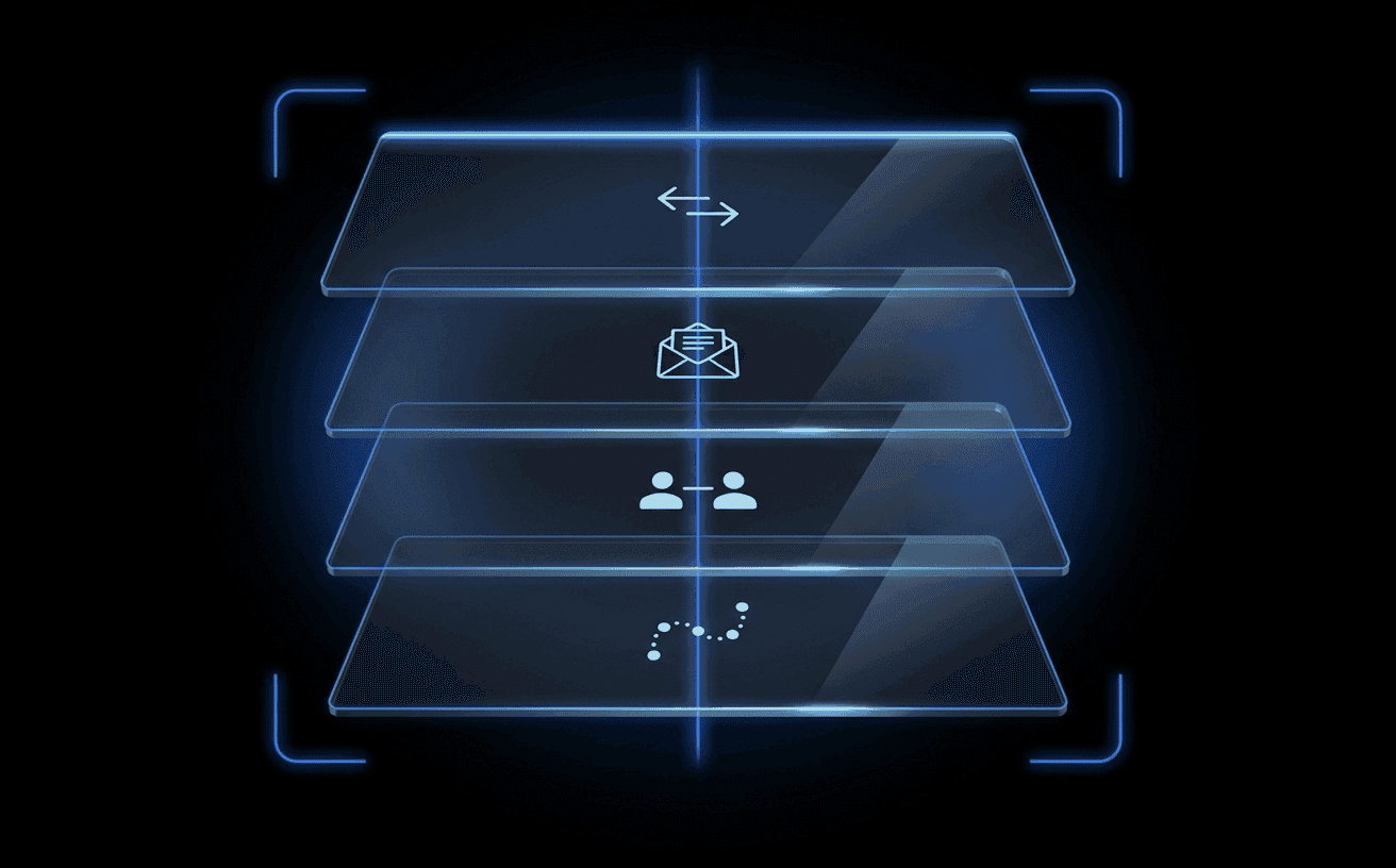 A cinematic dark abstract compliance illustration — four floating translucent dark-glass panels in 3D perspective on a pure black canvas, threaded by a luminous Didit Blue vertical line and framed by four glowing scanner brackets. Each panel carries a tiny pale-white abstract motif (paired arrows, message envelope, two-person handoff, transfer route) representing originator and beneficiary data exchange.