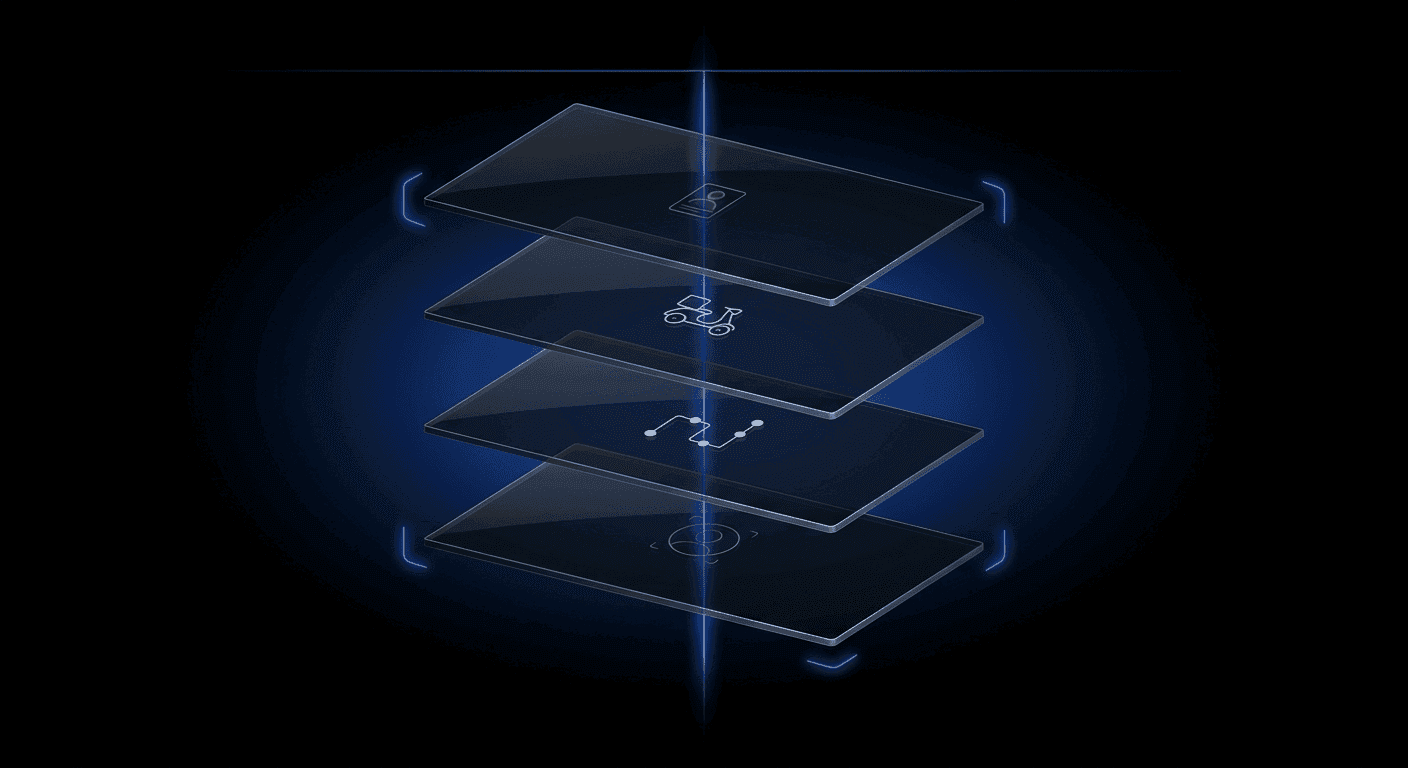 A cinematic dark abstract gig-worker-verification stack illustration — four floating translucent glass panels in 3D perspective on pure black, threaded by a luminous Didit Blue line and framed by four glowing scanner brackets. Each panel carries a small pale-white abstract motif (driver's licence outline, delivery-helmet silhouette, route waypoints, face oval).