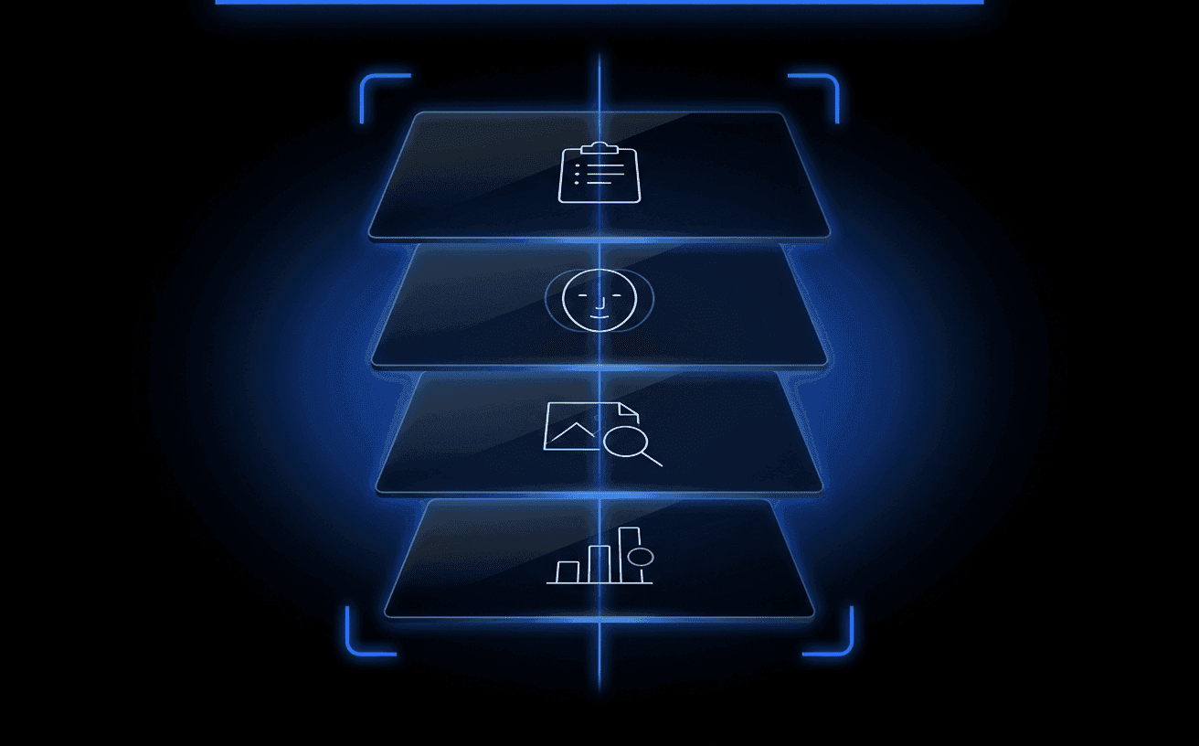 A dark abstract claim-fraud stack — four floating translucent dark-glass panels in 3D perspective on pure black, threaded by a luminous Didit Blue vertical line and framed by glowing scanner brackets. Each panel carries one tiny pale-white abstract motif (claim form, deepfake face overlay, tampered photo with magnifying glass, ascending bar chart with the high-risk score isolated).