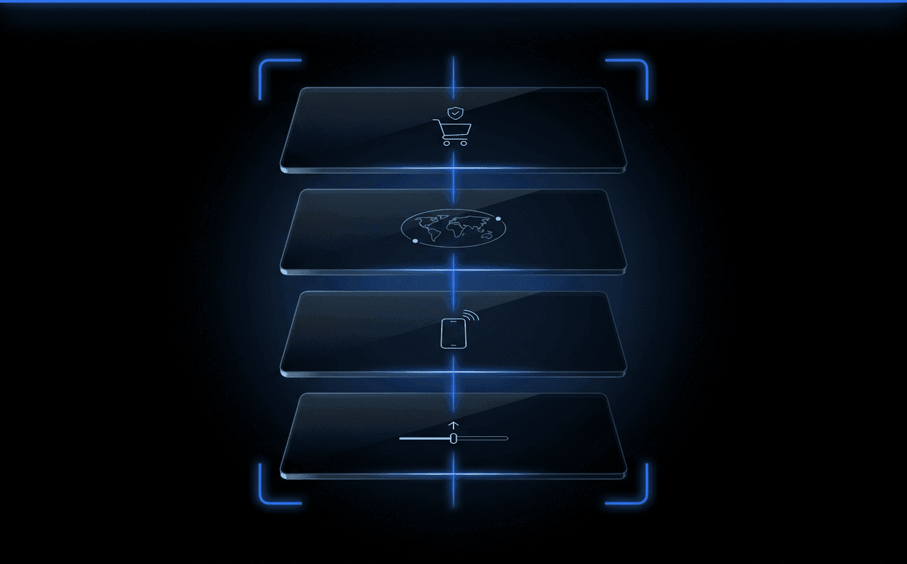 A dark abstract buyer-fraud-screen stack — four floating translucent dark-glass panels in 3D perspective on pure black, threaded by a luminous Didit Blue vertical line and framed by glowing scanner brackets. Each panel carries one tiny pale-white abstract motif (shopping cart with shield, world-map with two pinpoints, smartphone with signal arcs, risk slider).
