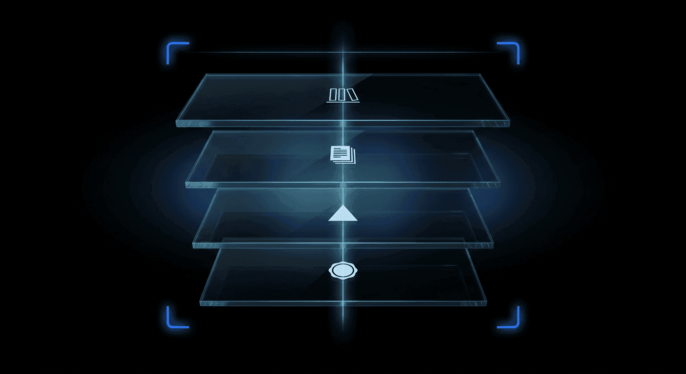 A cinematic dark abstract marketplace-KYB illustration — four floating translucent glass panels stacked vertically on pure black, threaded by a luminous Didit Blue line and framed by four scanner brackets. Each panel carries a tiny abstract pale-white motif (storefront, registry document, ownership chart, seal).