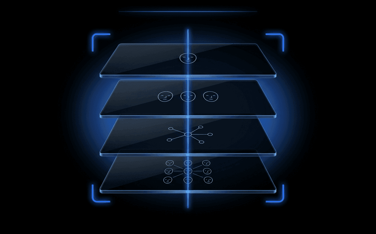 A dark abstract sybil-detection stack — four floating translucent dark-glass panels in 3D perspective on pure black, threaded by a luminous Didit Blue vertical line and framed by glowing scanner brackets. Each panel carries one tiny pale-white abstract motif (single face, repeated faces, network of nodes, cluster of linked accounts).