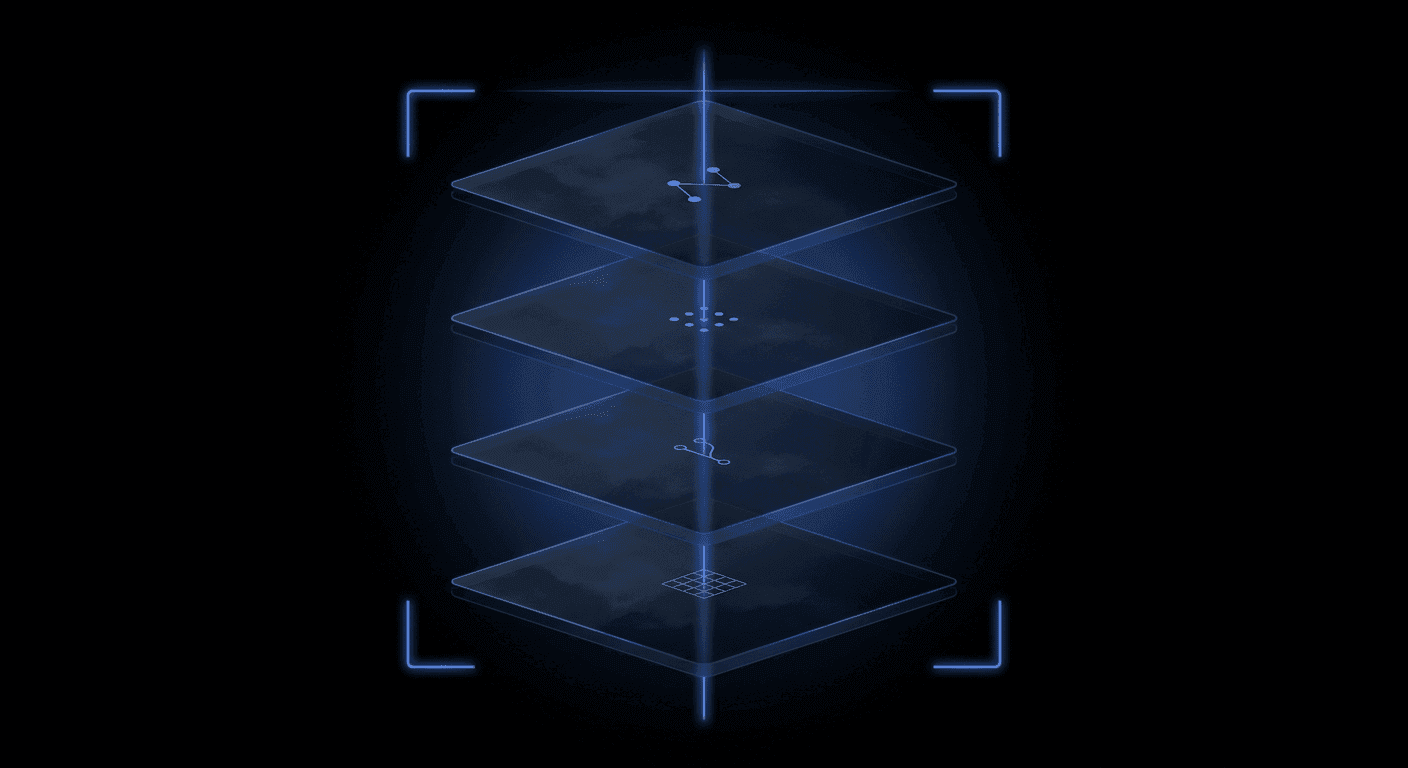 A cinematic dark abstract no-code visual workflow builder illustration — four floating translucent glass panels in 3D perspective on pure black, threaded by a luminous Didit Blue line and framed by four glowing scanner brackets. Each panel carries a tiny pale-white abstract motif representing the workflow canvas (node-and-edge graph fragment, drag handle, branching fork, canvas grid).