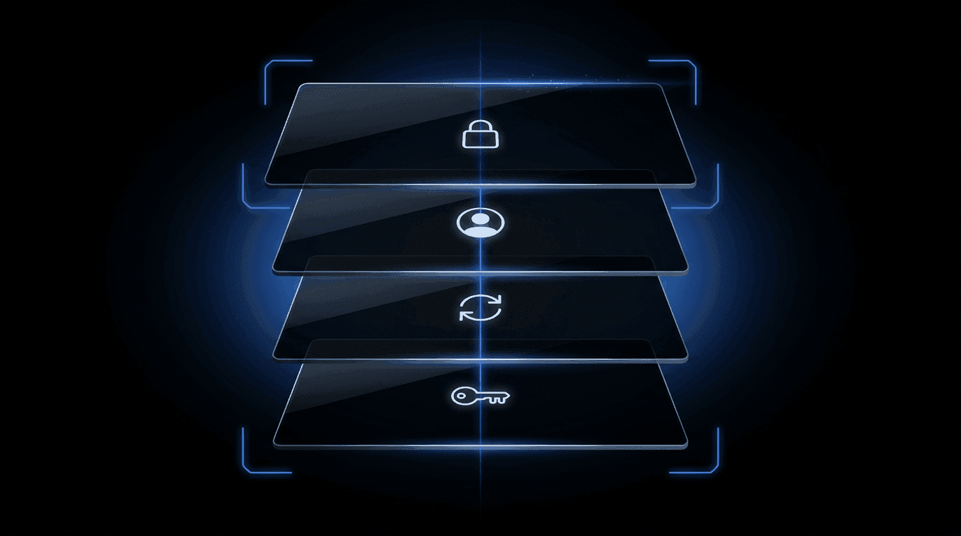 A cinematic dark abstract password-recovery stack illustration — four floating translucent glass panels in 3D perspective on pure black, threaded by a luminous Didit Blue line and framed by four glowing scanner brackets. Each panel carries a small pale-white abstract motif (padlock outline, face oval, refresh-arrow loop, key).