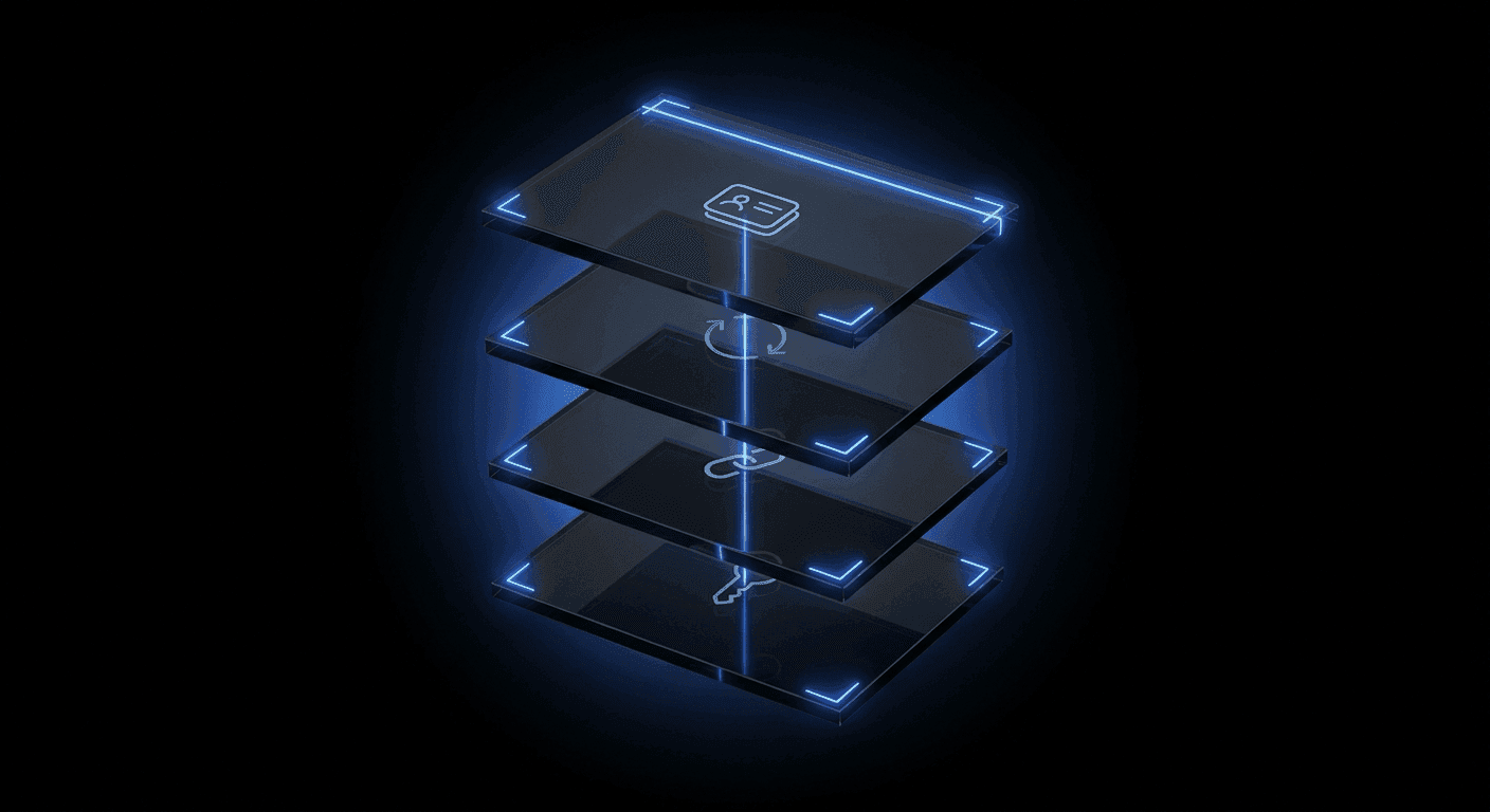 A cinematic dark abstract reusable-identity-credential illustration — four floating translucent glass panels in 3D perspective on pure black, threaded by a luminous Didit Blue line and framed by four glowing scanner brackets. Each panel carries a tiny pale-white abstract motif representing reusable identity (layered credential card, re-use circular arrow loop, linked-chain icon, key outline).