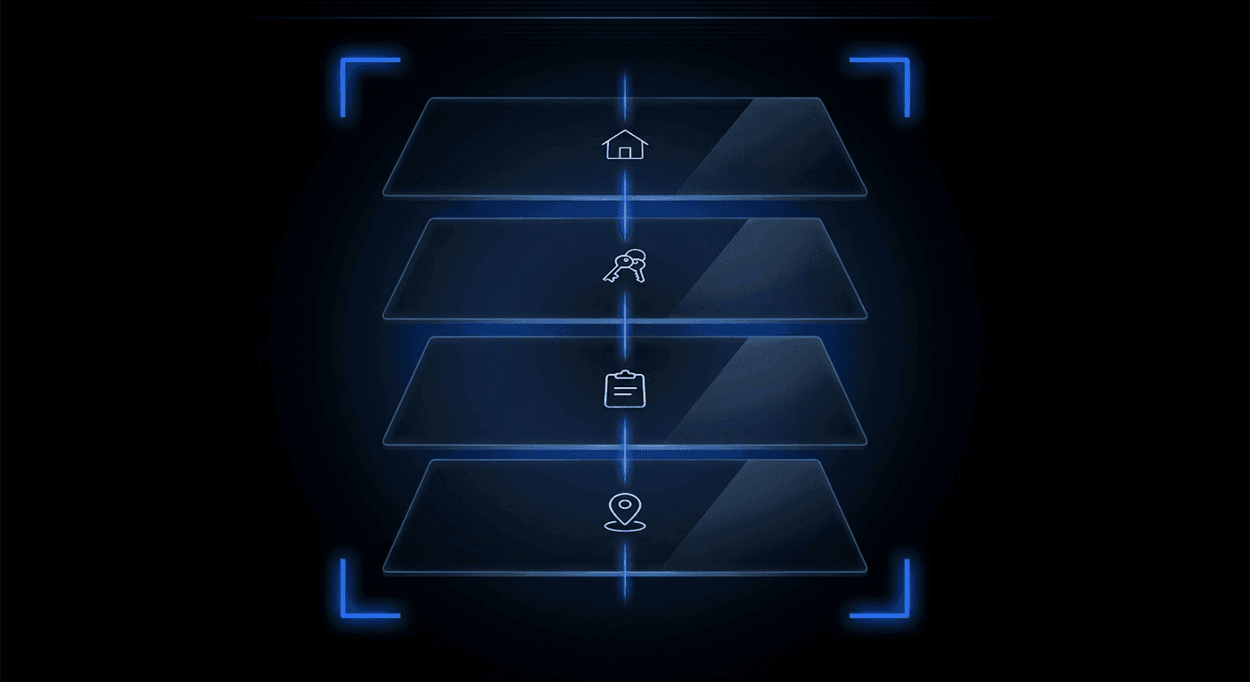 A cinematic dark abstract tenant-screening illustration — four floating translucent glass panels on pure black threaded by a luminous Didit Blue line. Each panel carries a small abstract motif (house outline, crossed keys, clipboard, location pin).