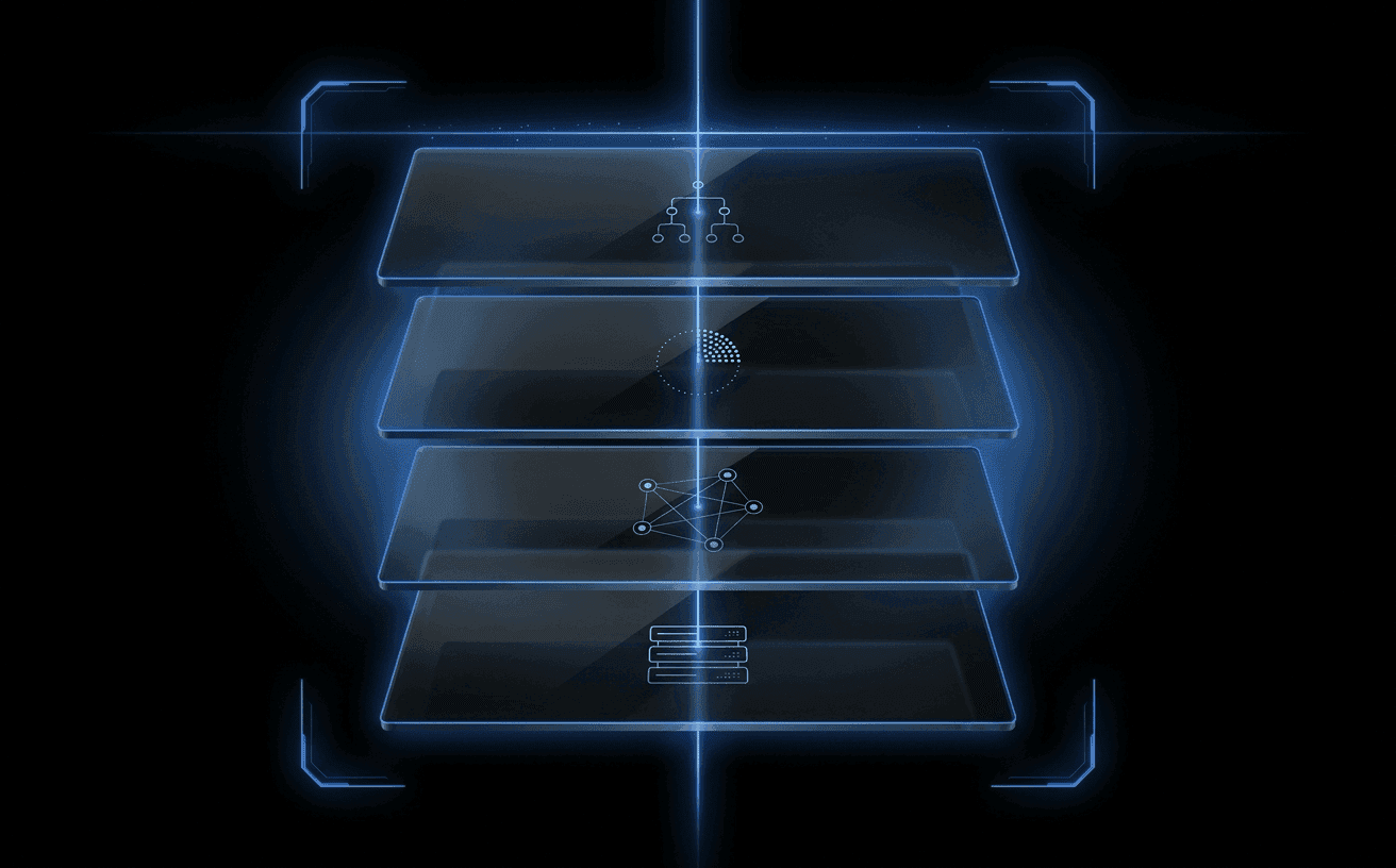 A cinematic dark abstract compliance illustration — four floating translucent dark-glass panels in 3D perspective on a pure black canvas, threaded by a luminous Didit Blue vertical line and framed by four glowing scanner brackets. Each panel carries a tiny pale-white abstract motif (ownership tree, percentage threshold, network of nodes, registry records) representing UBO discovery.