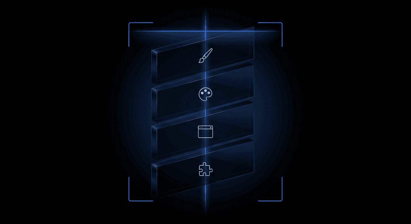A cinematic dark abstract white-label-KYC illustration — four floating translucent glass panels in 3D perspective on pure black, threaded by a luminous Didit Blue line and framed by four glowing scanner brackets. Each panel carries a tiny pale-white abstract motif representing reseller branding (paint-brush tip, theme palette dots, browser window with header bar, SDK puzzle piece).