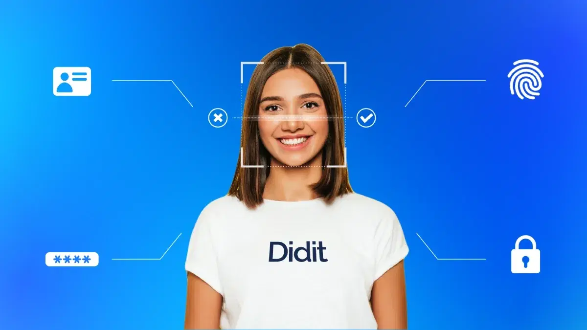 A smiling woman in a white t-shirt with the Didit logo is centered, with a facial recognition frame around her face. Icons for identity card, fingerprint, password, and padlock are around her.