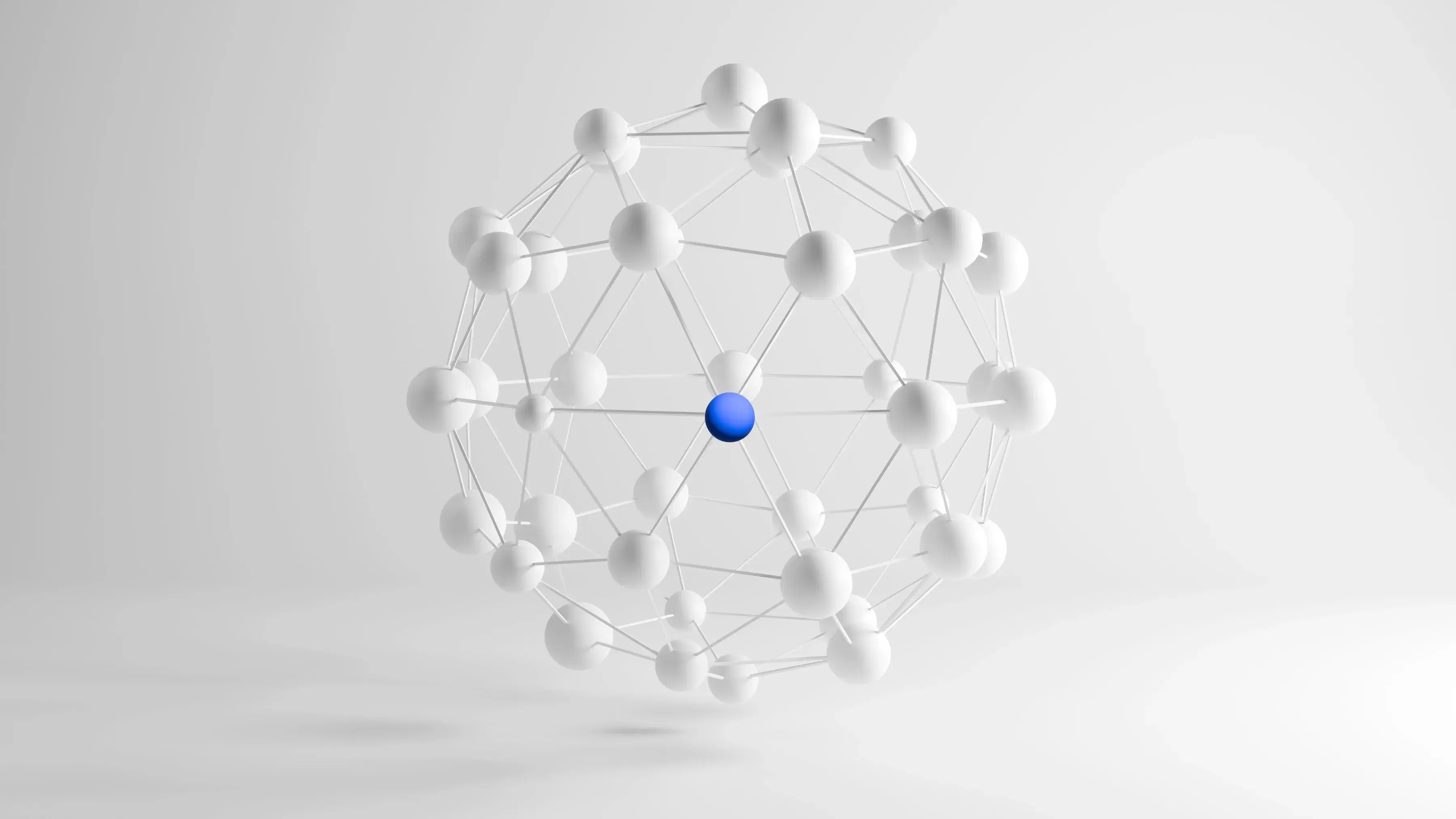 A 3D abstract sphere made of white interconnected nodes, with one central node highlighted in blue, against a light gray background.