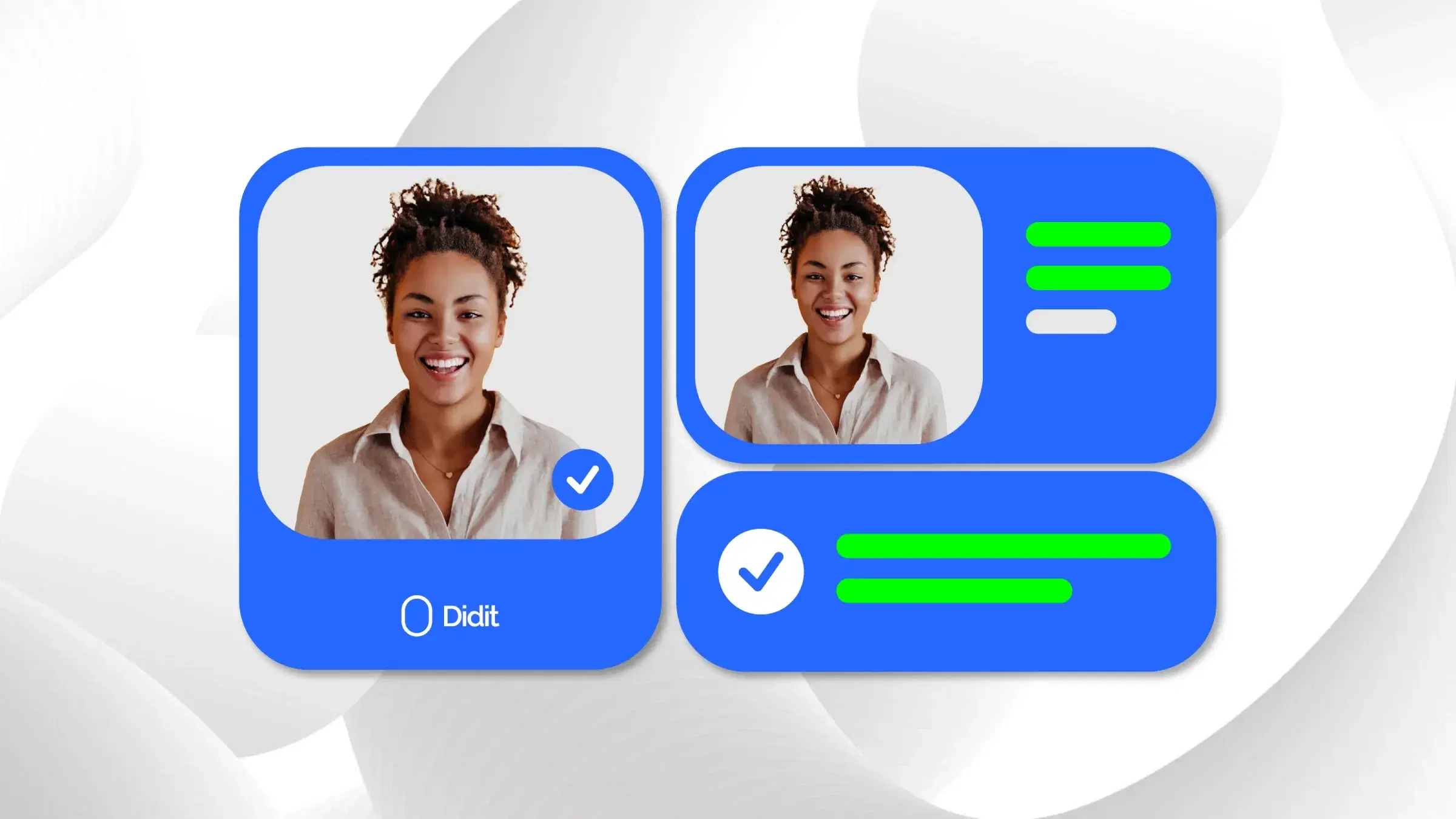 Two blue rectangular cards with a woman's smiling face and checkmarks, representing identity verification, are shown on a white and gray background.